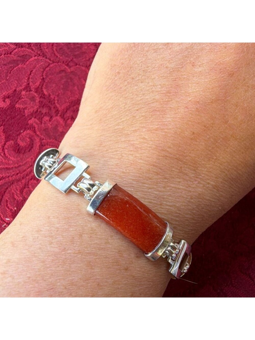 Vintage 925 Sterling Silver Red Jadeite Jade Tube Link Bracelet Hong Kong Asian